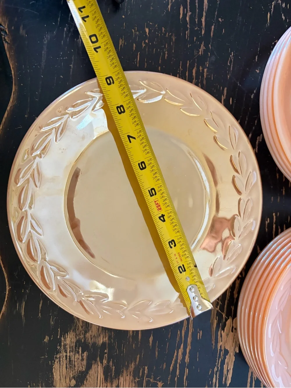Set of Vintage Fire King Peach Lustre Laurel Leaf bowls and plates